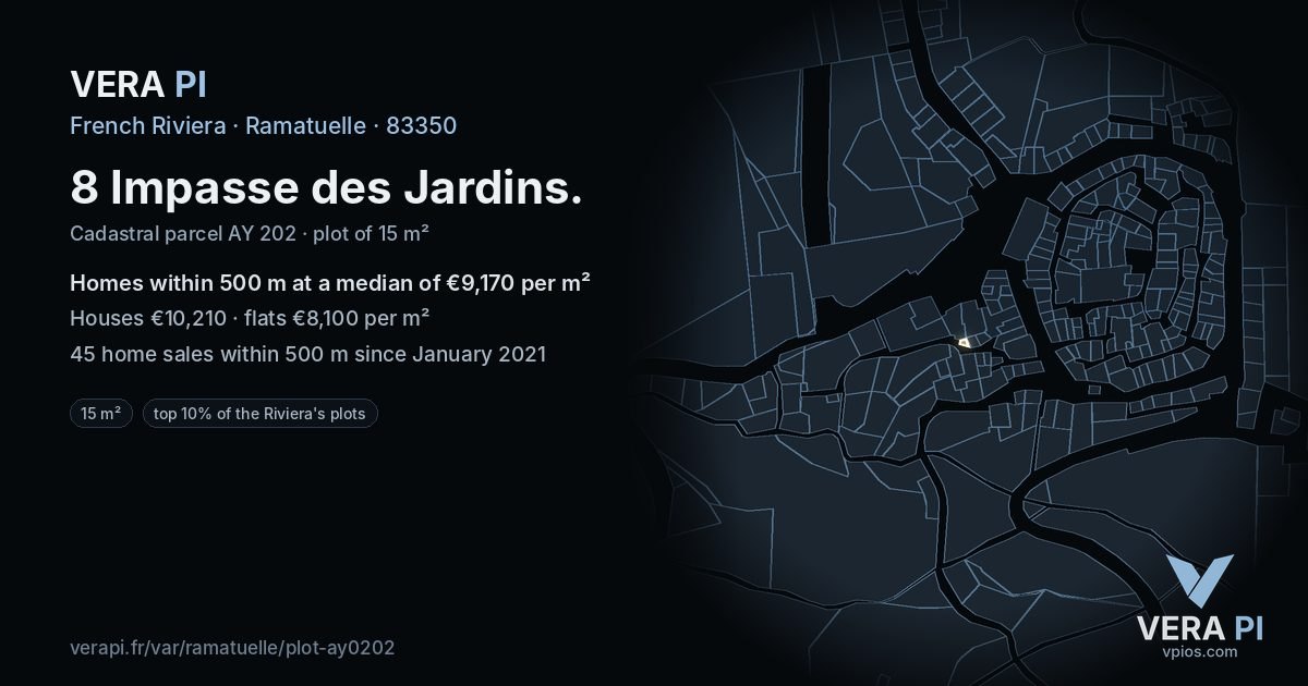 8 Impasse des Jardins, Ramatuelle at night – the plot lit, the parcels around coloured by the prices near them