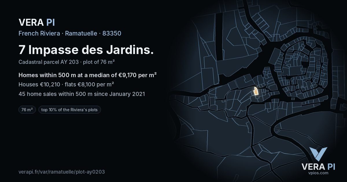 7 Impasse des Jardins, Ramatuelle at night – the plot lit, the parcels around coloured by the prices near them