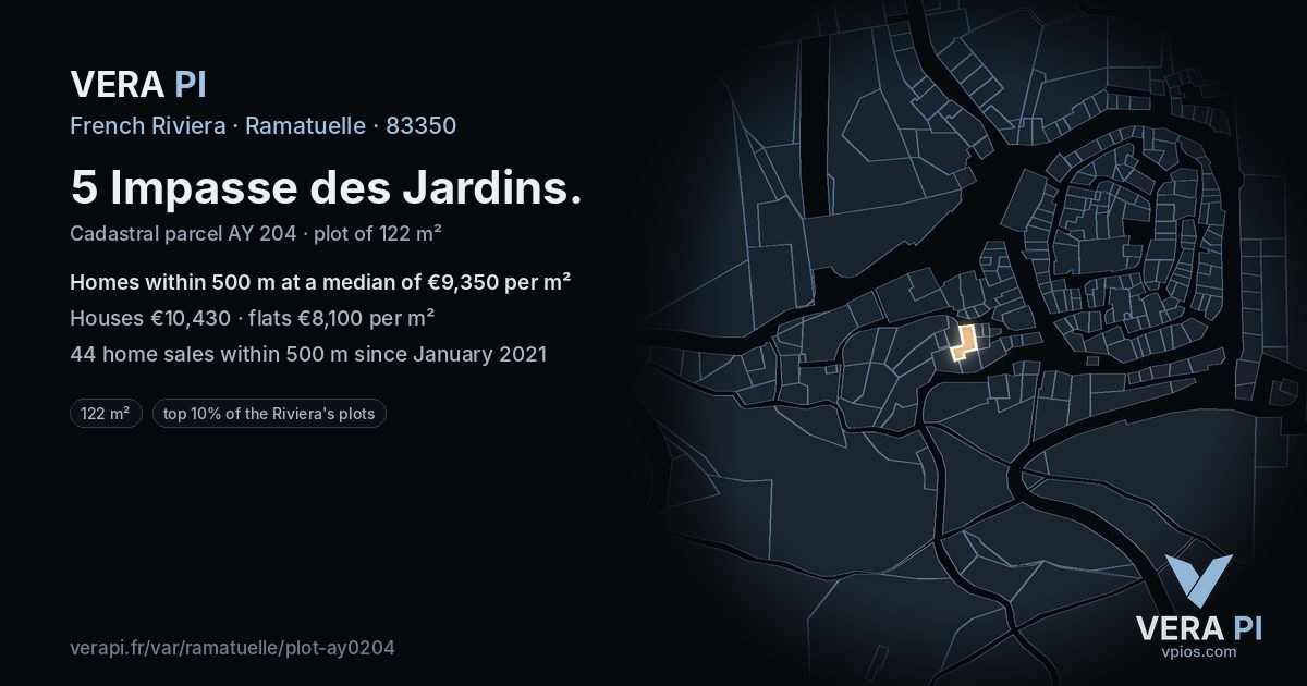 5 Impasse des Jardins, Ramatuelle at night – the plot lit, the parcels around coloured by the prices near them