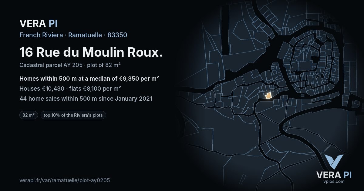 16 Rue du Moulin Roux, Ramatuelle at night – the plot lit, the parcels around coloured by the prices near them