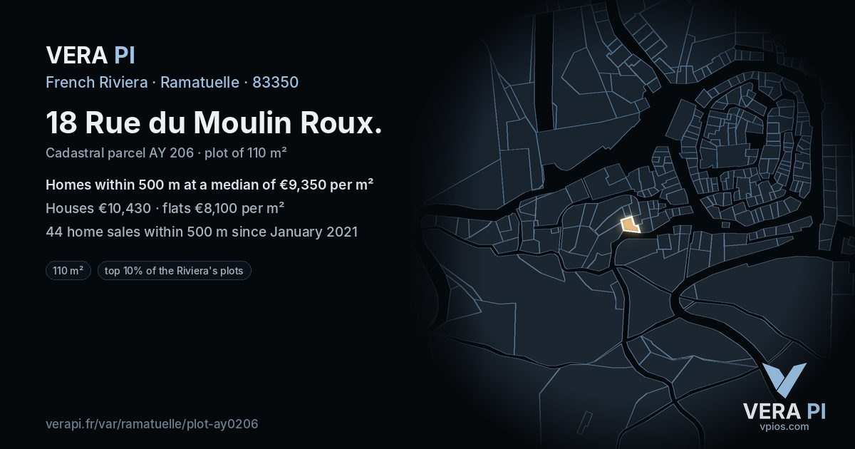 18 Rue du Moulin Roux, Ramatuelle at night – the plot lit, the parcels around coloured by the prices near them