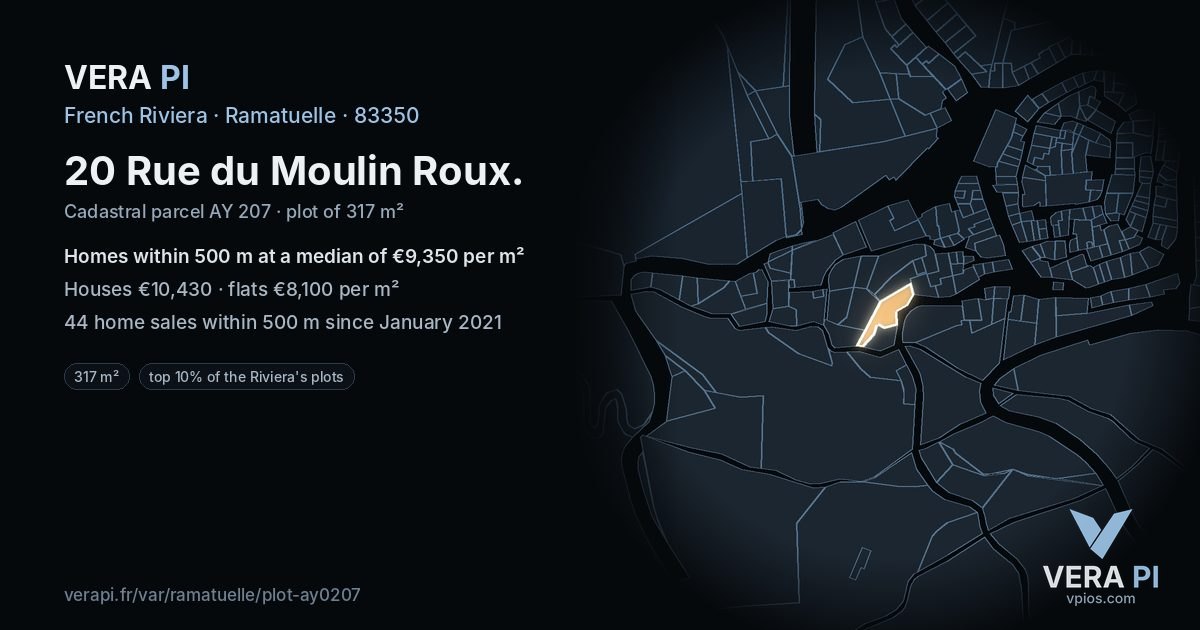 20 Rue du Moulin Roux, Ramatuelle at night – the plot lit, the parcels around coloured by the prices near them