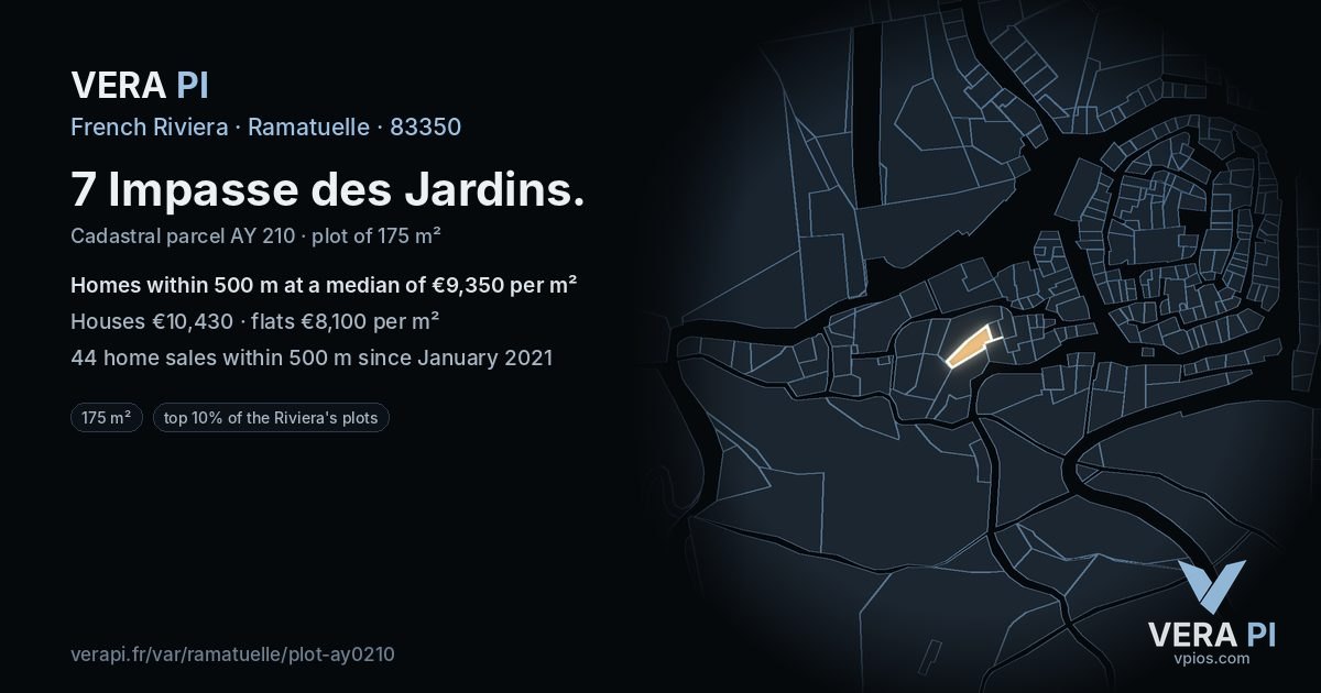 7 Impasse des Jardins, Ramatuelle at night – the plot lit, the parcels around coloured by the prices near them