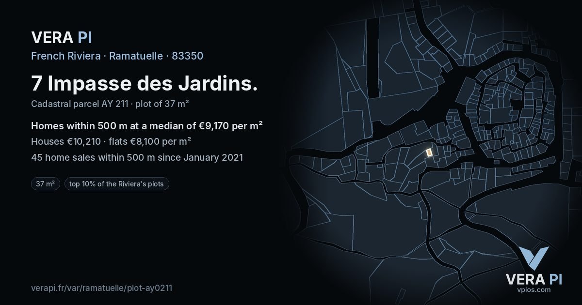 7 Impasse des Jardins, Ramatuelle at night – the plot lit, the parcels around coloured by the prices near them