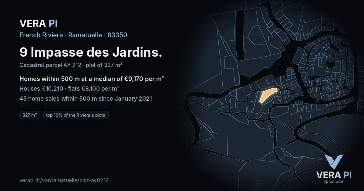 9 Impasse des Jardins, Ramatuelle at night – the plot lit, the parcels around coloured by the prices near them