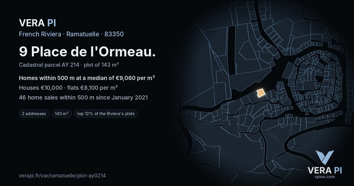 9 Place de l'Ormeau, Ramatuelle at night – the plot lit, the parcels around coloured by the prices near them