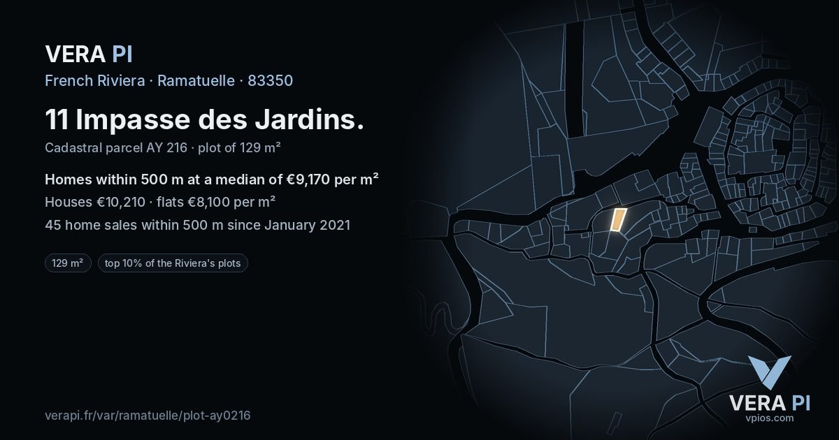 11 Impasse des Jardins, Ramatuelle at night – the plot lit, the parcels around coloured by the prices near them