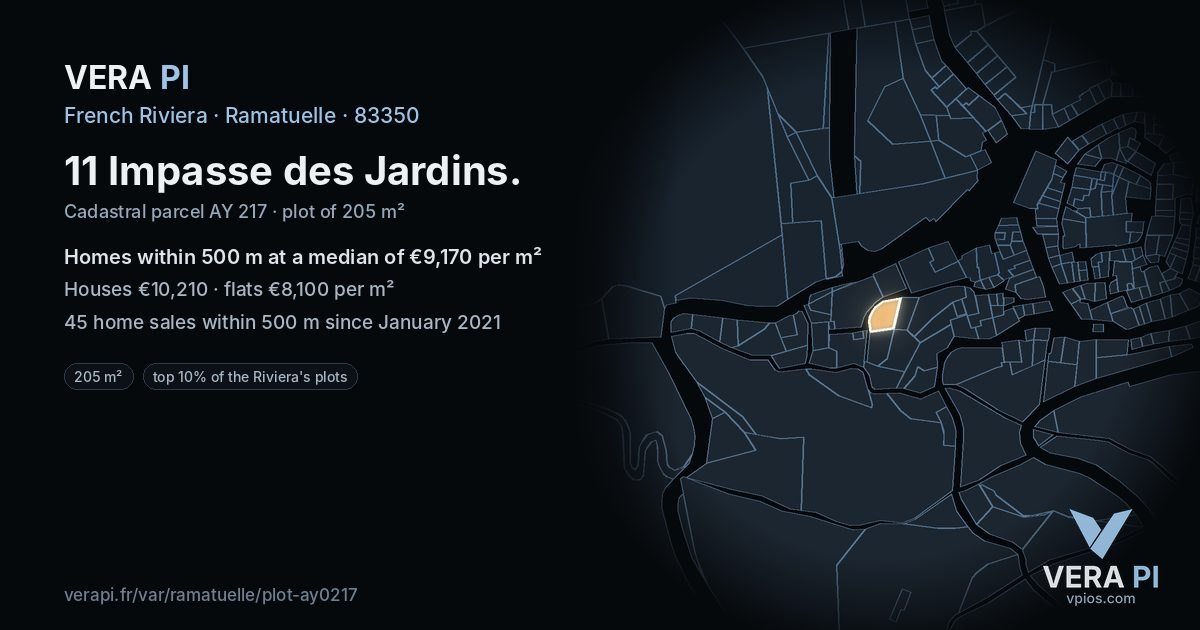 11 Impasse des Jardins, Ramatuelle at night – the plot lit, the parcels around coloured by the prices near them