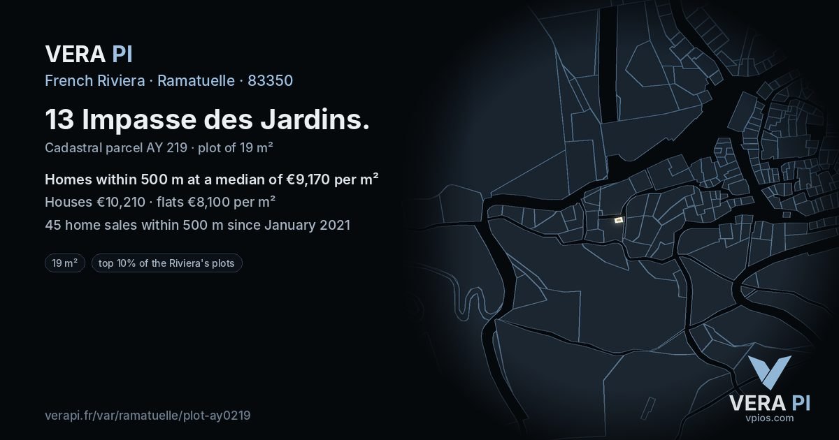 13 Impasse des Jardins, Ramatuelle at night – the plot lit, the parcels around coloured by the prices near them