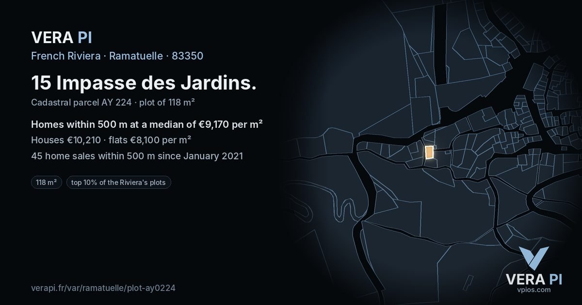 15 Impasse des Jardins, Ramatuelle at night – the plot lit, the parcels around coloured by the prices near them