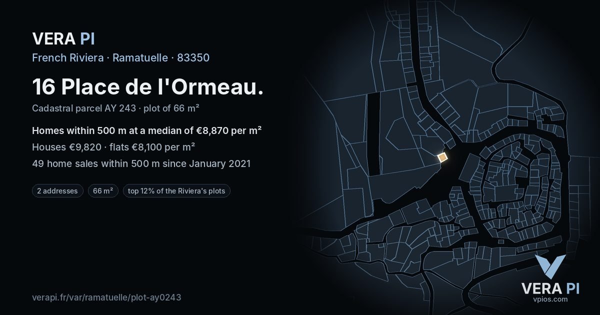 16 Place de l'Ormeau, Ramatuelle at night – the plot lit, the parcels around coloured by the prices near them