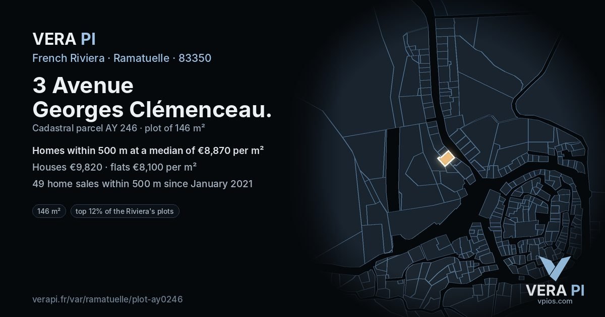 3 Avenue Georges Clémenceau, Ramatuelle at night – the plot lit, the parcels around coloured by the prices near them