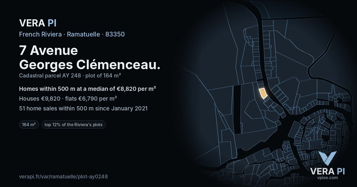 7 Avenue Georges Clémenceau, Ramatuelle at night – the plot lit, the parcels around coloured by the prices near them