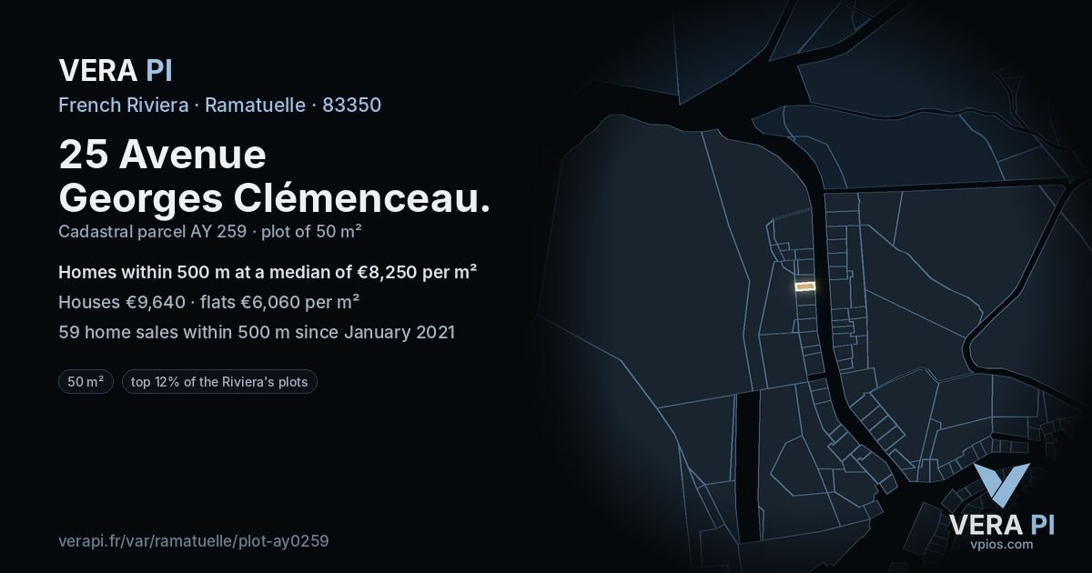 25 Avenue Georges Clémenceau, Ramatuelle at night – the plot lit, the parcels around coloured by the prices near them