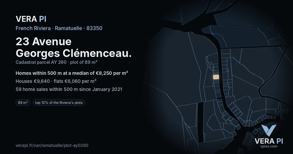 23 Avenue Georges Clémenceau, Ramatuelle at night – the plot lit, the parcels around coloured by the prices near them