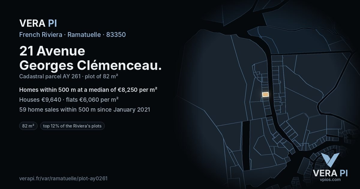 21 Avenue Georges Clémenceau, Ramatuelle at night – the plot lit, the parcels around coloured by the prices near them