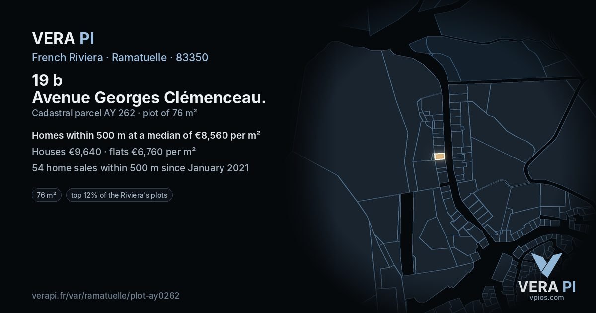 19 b Avenue Georges Clémenceau, Ramatuelle at night – the plot lit, the parcels around coloured by the prices near them