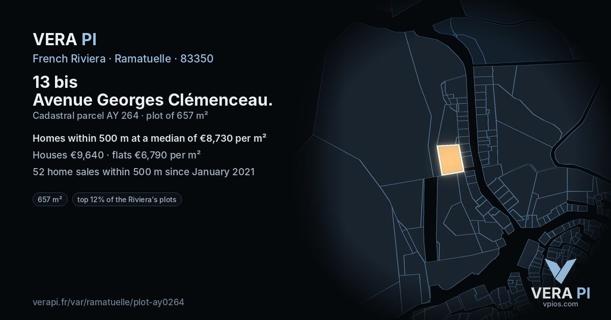 13 bis Avenue Georges Clémenceau, Ramatuelle at night – the plot lit, the parcels around coloured by the prices near them