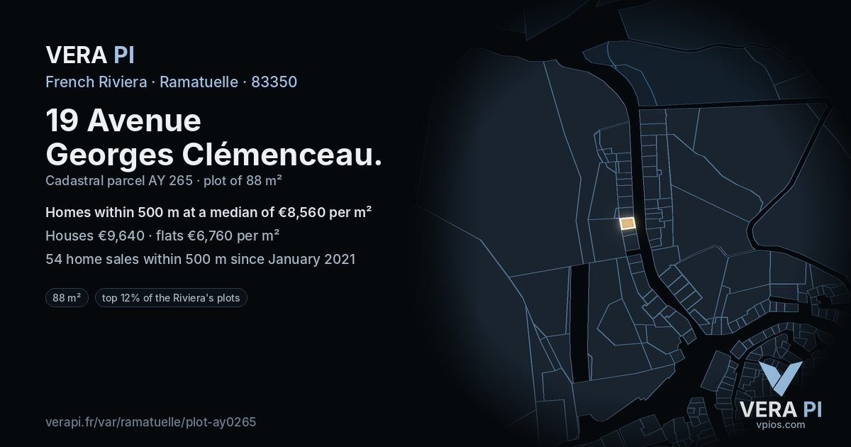 19 Avenue Georges Clémenceau, Ramatuelle at night – the plot lit, the parcels around coloured by the prices near them