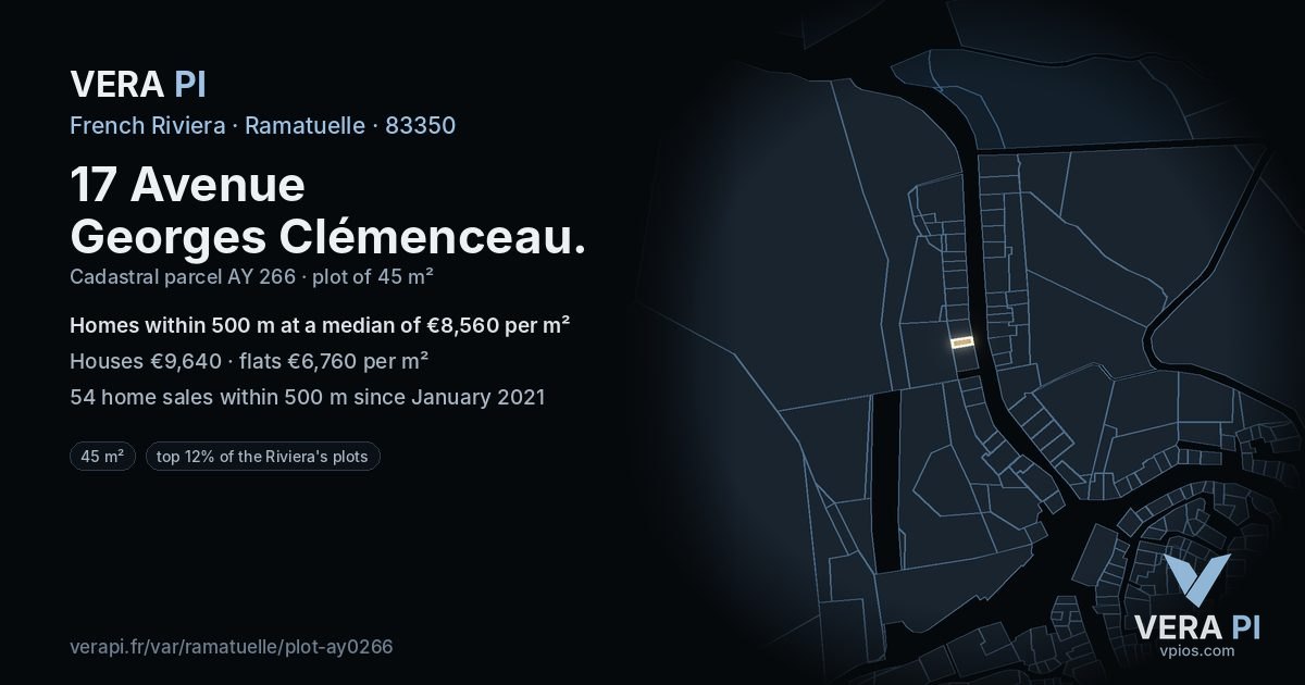 17 Avenue Georges Clémenceau, Ramatuelle at night – the plot lit, the parcels around coloured by the prices near them