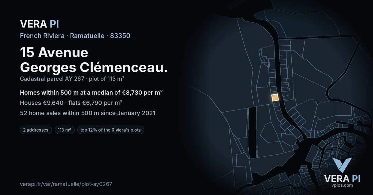15 Avenue Georges Clémenceau, Ramatuelle at night – the plot lit, the parcels around coloured by the prices near them