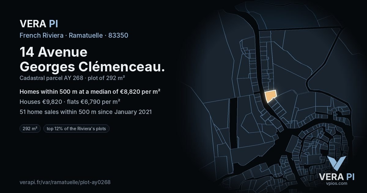 14 Avenue Georges Clémenceau, Ramatuelle at night – the plot lit, the parcels around coloured by the prices near them