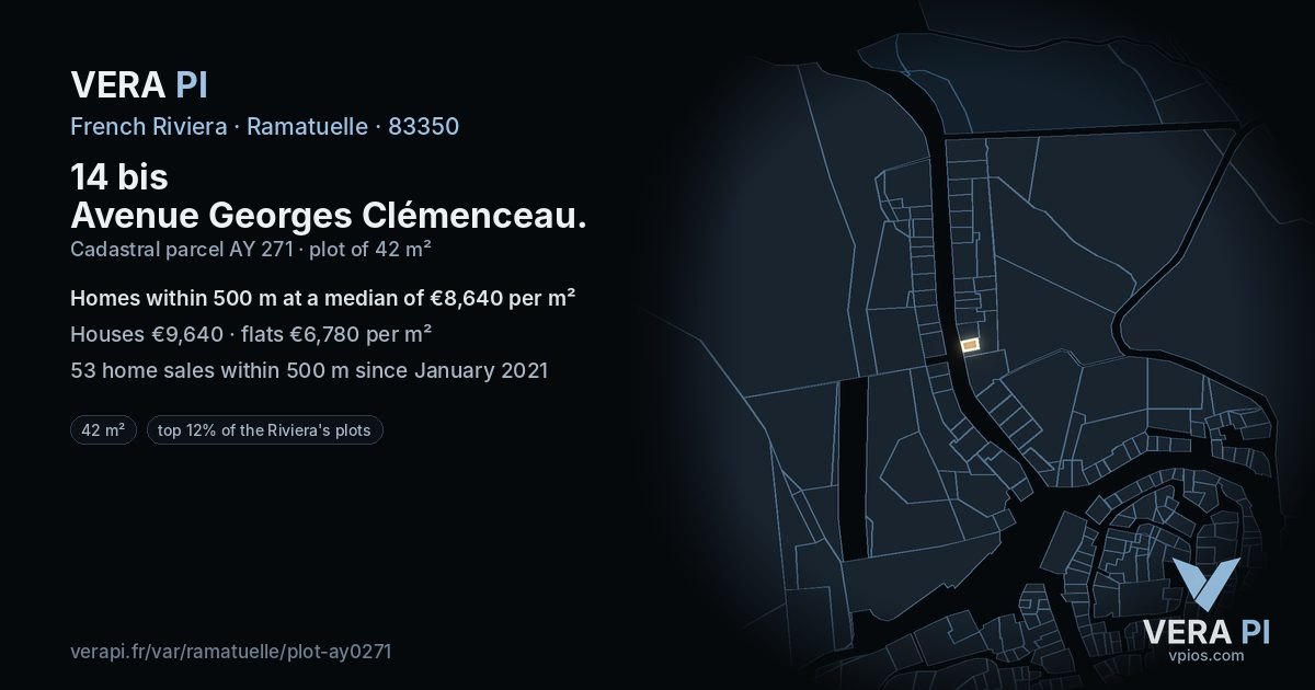 14 bis Avenue Georges Clémenceau, Ramatuelle at night – the plot lit, the parcels around coloured by the prices near them