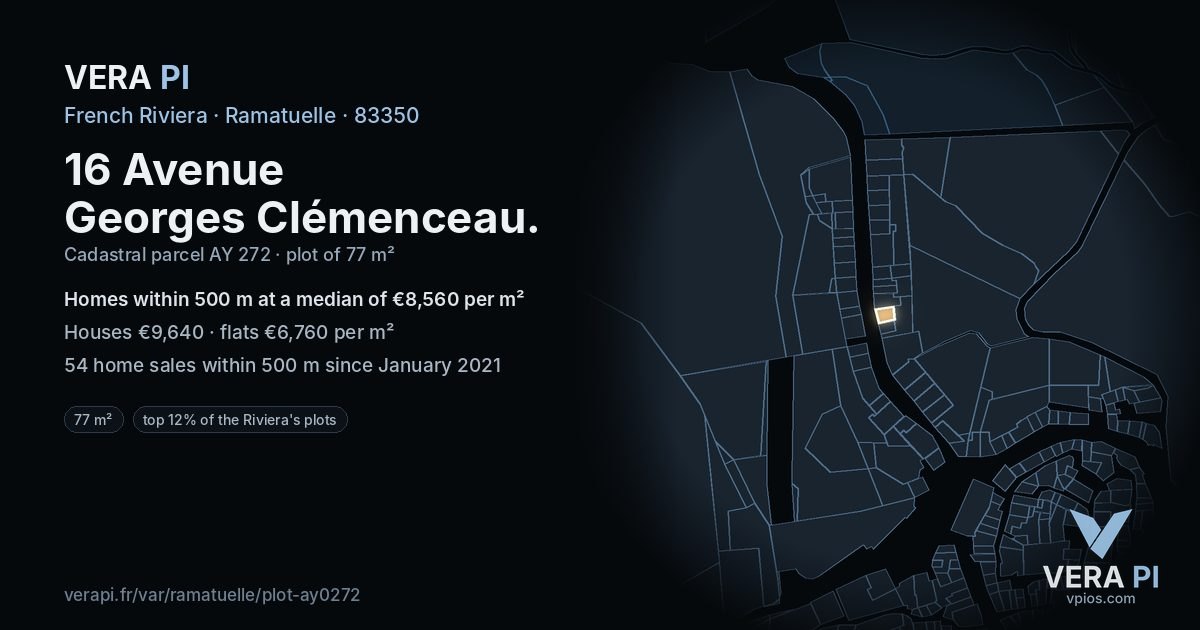 16 Avenue Georges Clémenceau, Ramatuelle at night – the plot lit, the parcels around coloured by the prices near them