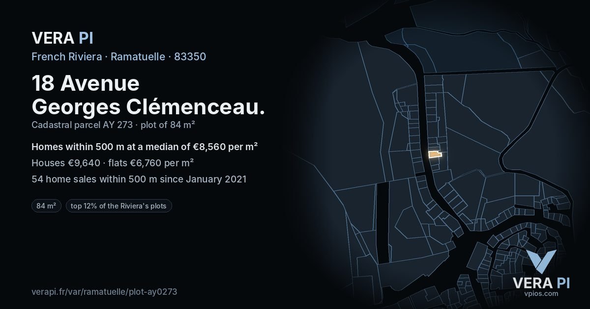 18 Avenue Georges Clémenceau, Ramatuelle at night – the plot lit, the parcels around coloured by the prices near them