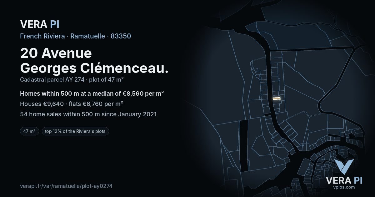 20 Avenue Georges Clémenceau, Ramatuelle at night – the plot lit, the parcels around coloured by the prices near them