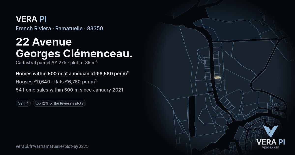 22 Avenue Georges Clémenceau, Ramatuelle at night – the plot lit, the parcels around coloured by the prices near them