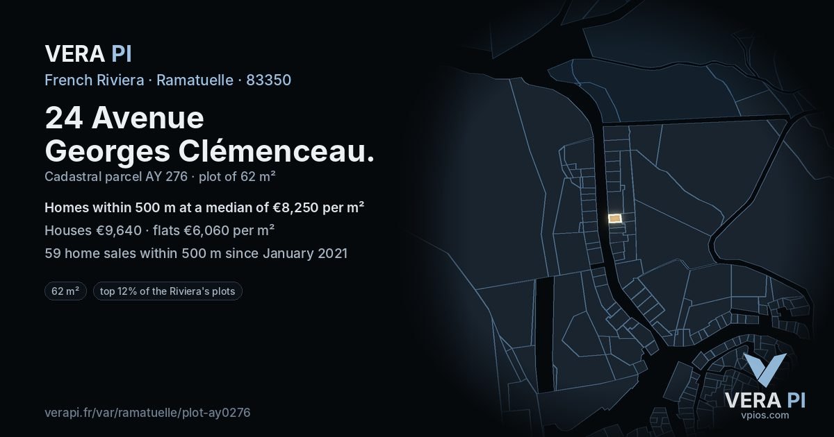 24 Avenue Georges Clémenceau, Ramatuelle at night – the plot lit, the parcels around coloured by the prices near them
