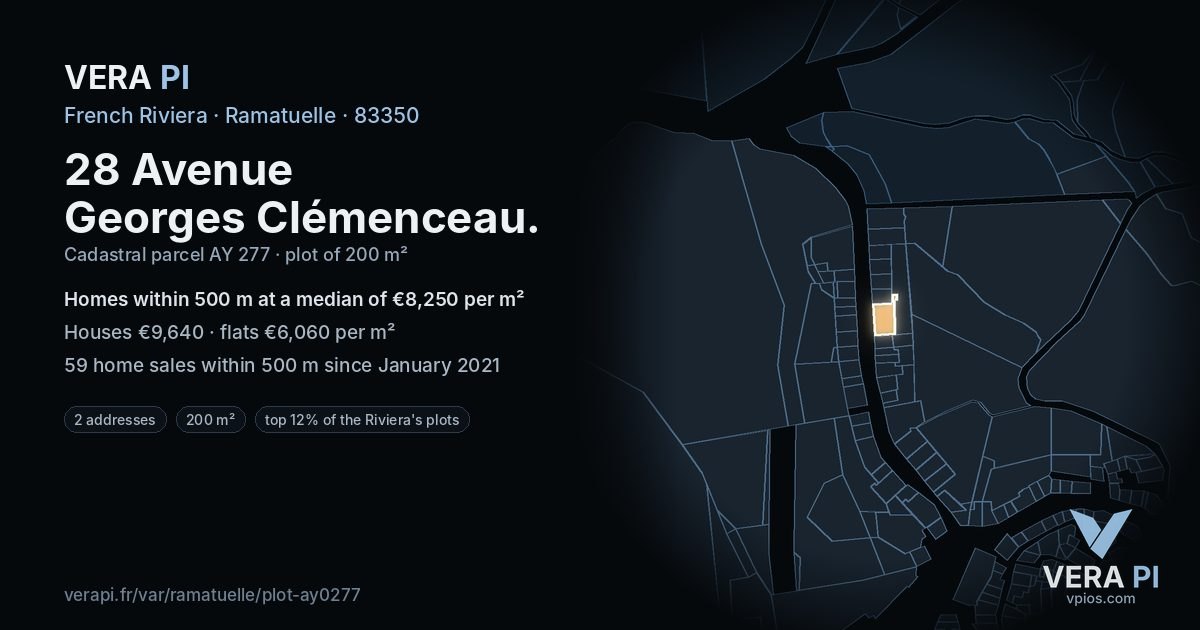 28 Avenue Georges Clémenceau, Ramatuelle at night – the plot lit, the parcels around coloured by the prices near them