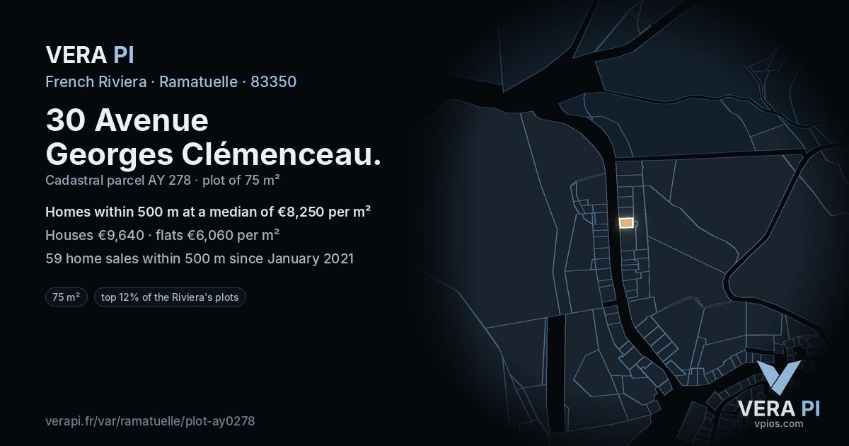 30 Avenue Georges Clémenceau, Ramatuelle at night – the plot lit, the parcels around coloured by the prices near them