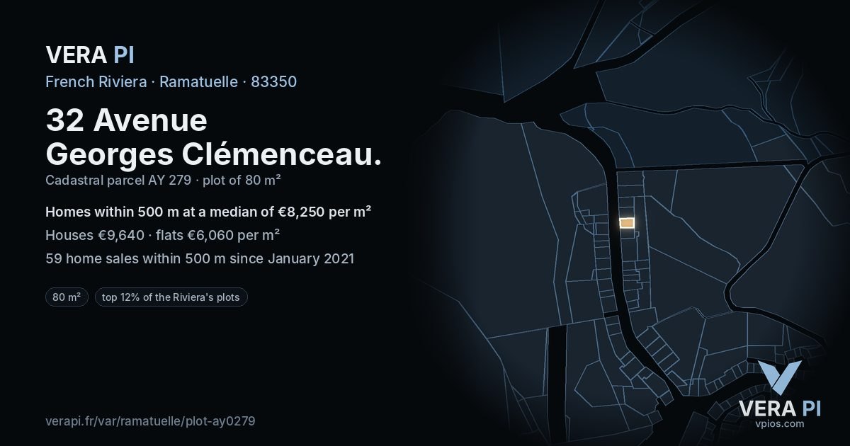 32 Avenue Georges Clémenceau, Ramatuelle at night – the plot lit, the parcels around coloured by the prices near them