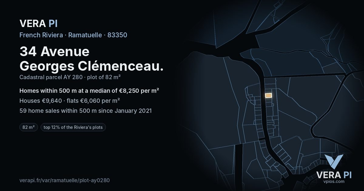 34 Avenue Georges Clémenceau, Ramatuelle at night – the plot lit, the parcels around coloured by the prices near them