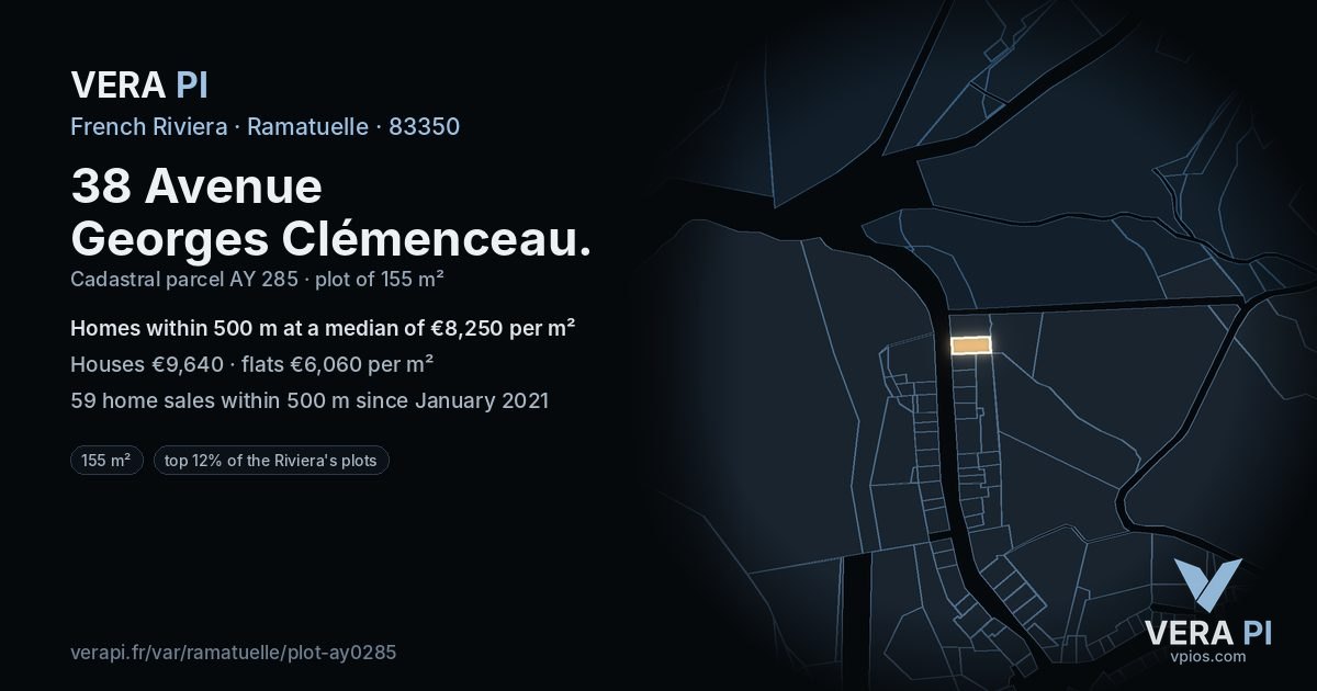 38 Avenue Georges Clémenceau, Ramatuelle at night – the plot lit, the parcels around coloured by the prices near them