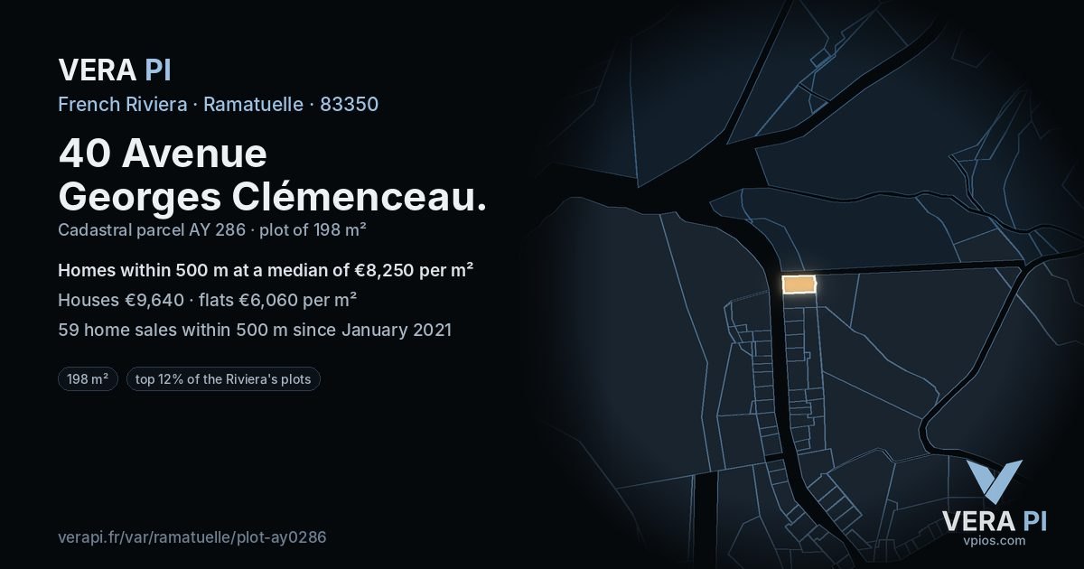 40 Avenue Georges Clémenceau, Ramatuelle at night – the plot lit, the parcels around coloured by the prices near them