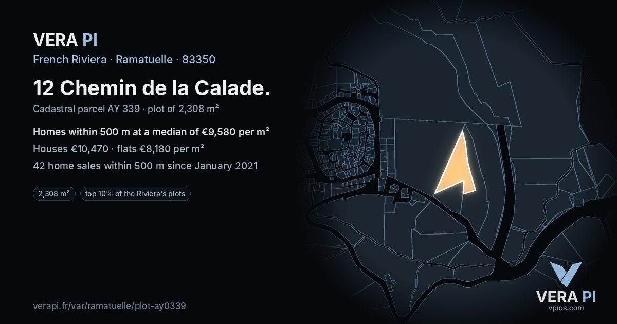 12 Chemin de la Calade, Ramatuelle at night – the plot lit, the parcels around coloured by the prices near them