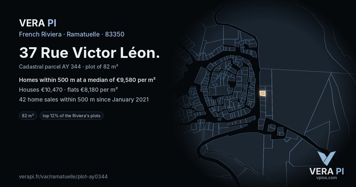 37 Rue Victor Léon, Ramatuelle at night – the plot lit, the parcels around coloured by the prices near them