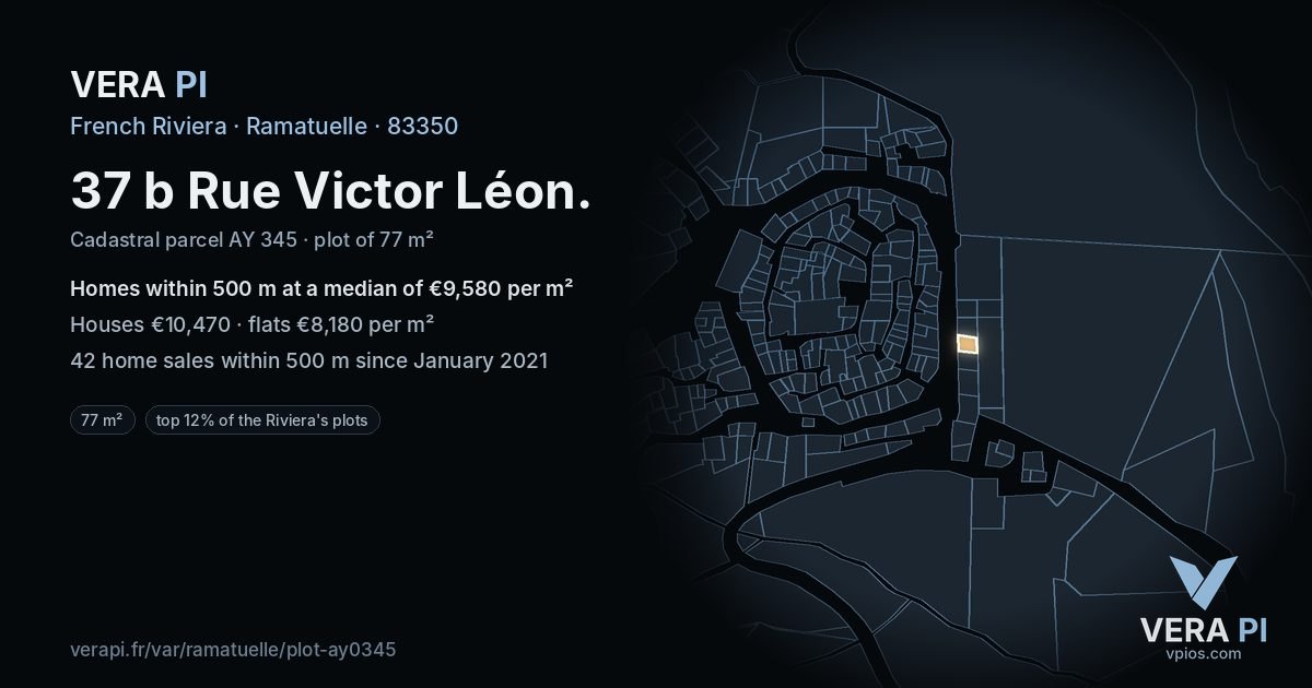 37 b Rue Victor Léon, Ramatuelle at night – the plot lit, the parcels around coloured by the prices near them