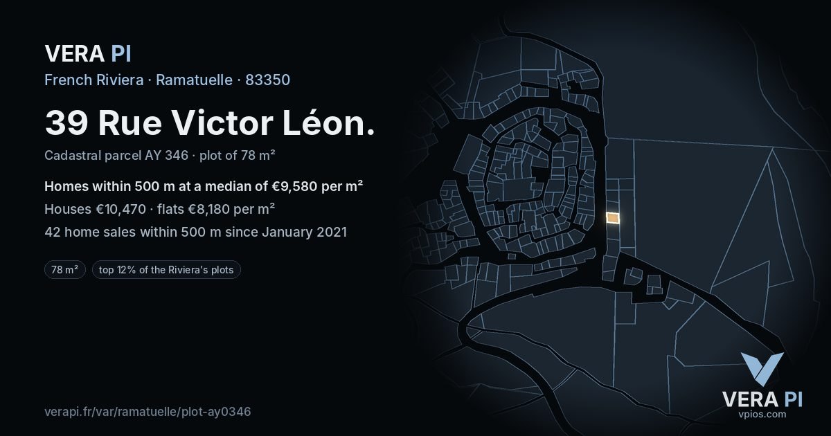 39 Rue Victor Léon, Ramatuelle at night – the plot lit, the parcels around coloured by the prices near them