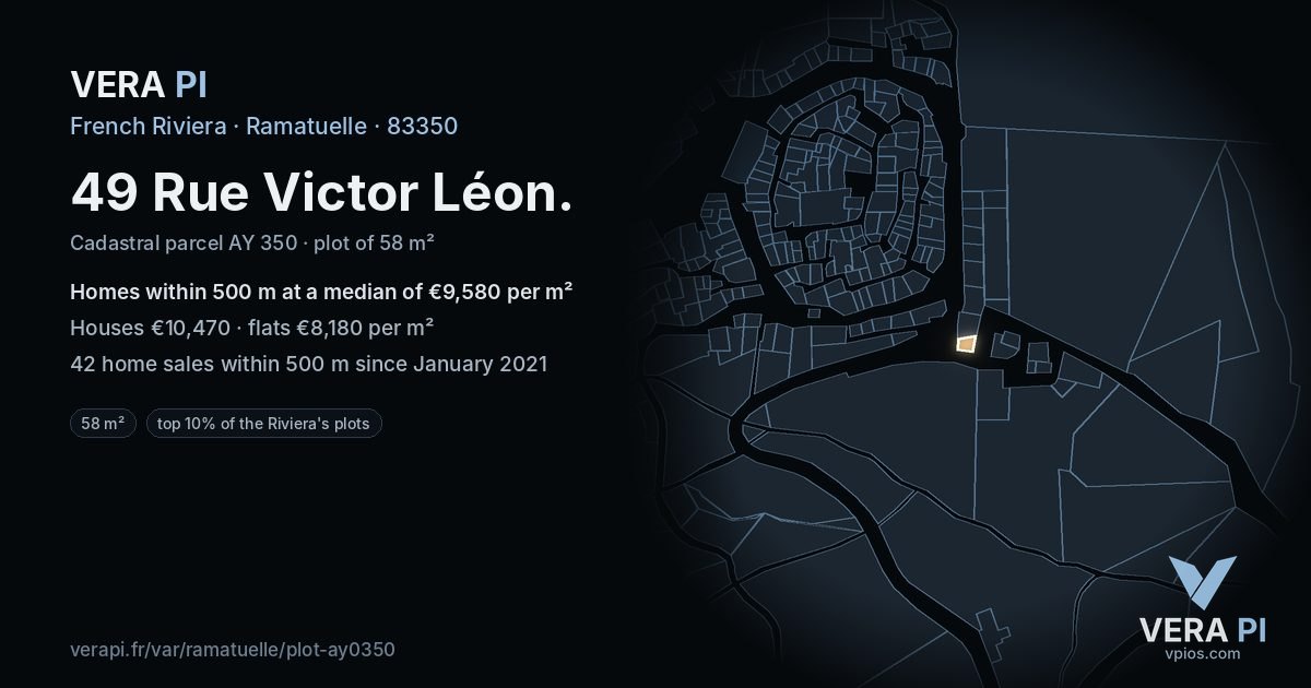 49 Rue Victor Léon, Ramatuelle at night – the plot lit, the parcels around coloured by the prices near them