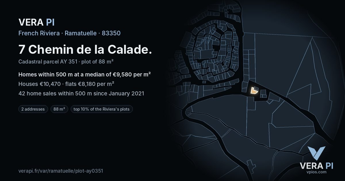7 Chemin de la Calade, Ramatuelle at night – the plot lit, the parcels around coloured by the prices near them
