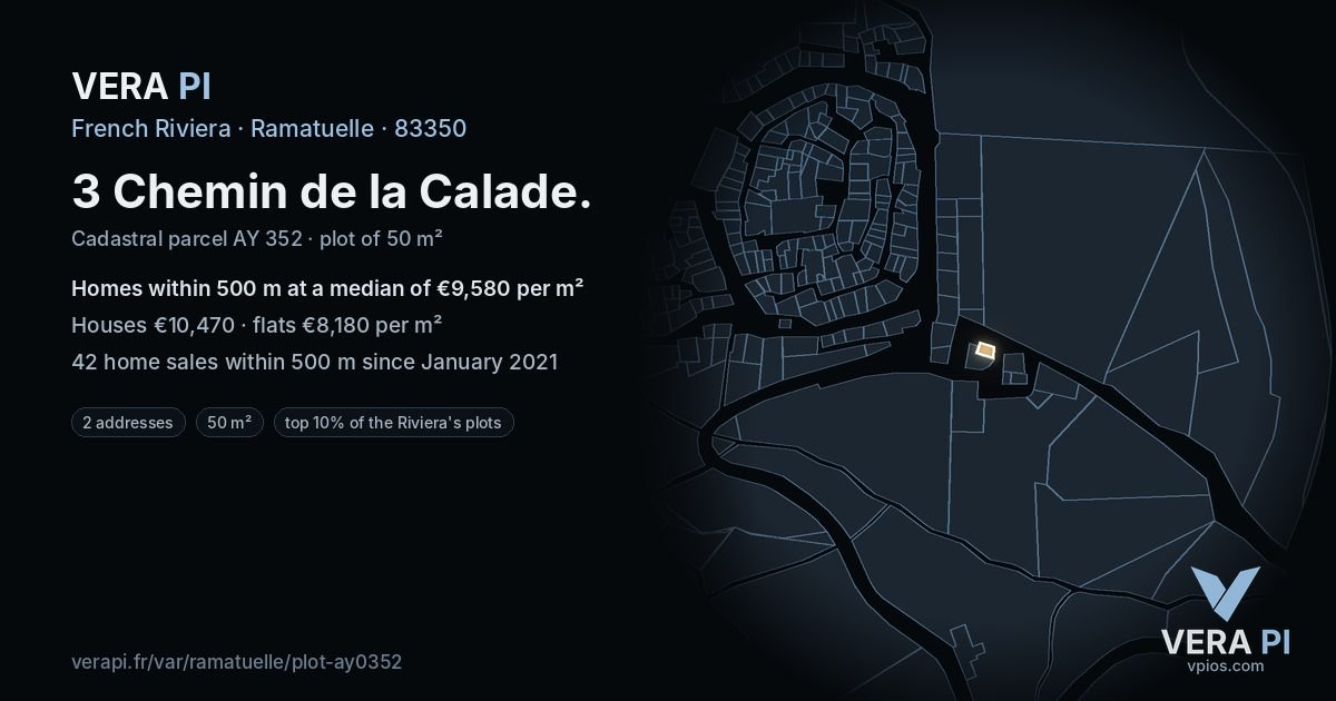 3 Chemin de la Calade, Ramatuelle at night – the plot lit, the parcels around coloured by the prices near them