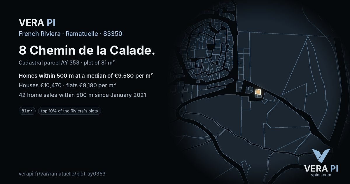 8 Chemin de la Calade, Ramatuelle at night – the plot lit, the parcels around coloured by the prices near them