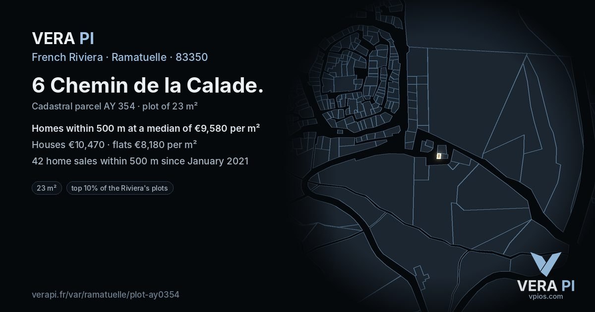 6 Chemin de la Calade, Ramatuelle at night – the plot lit, the parcels around coloured by the prices near them