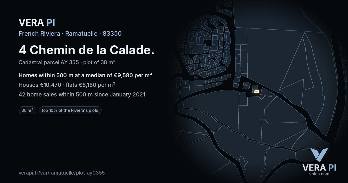 4 Chemin de la Calade, Ramatuelle at night – the plot lit, the parcels around coloured by the prices near them