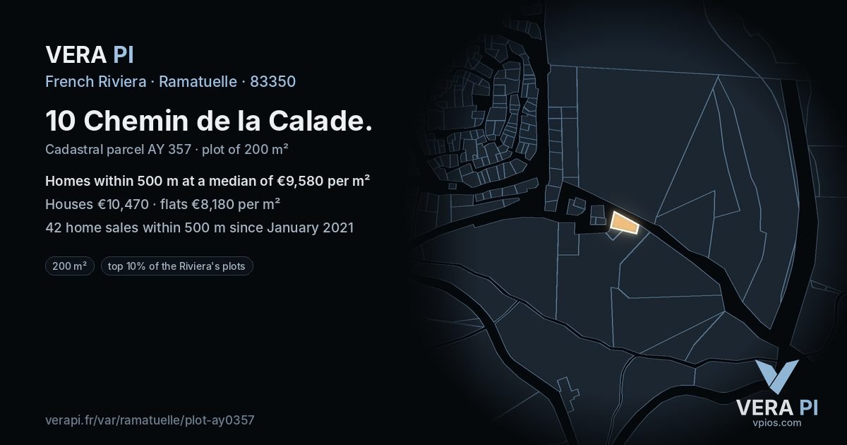 10 Chemin de la Calade, Ramatuelle at night – the plot lit, the parcels around coloured by the prices near them