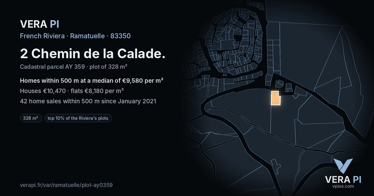 2 Chemin de la Calade, Ramatuelle at night – the plot lit, the parcels around coloured by the prices near them
